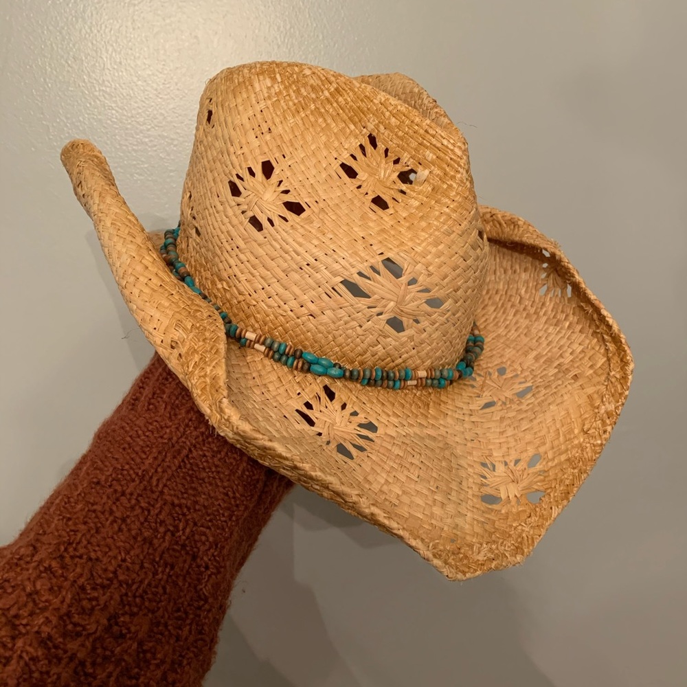 Distressed Straw Hat with Faux Turquoise Beading